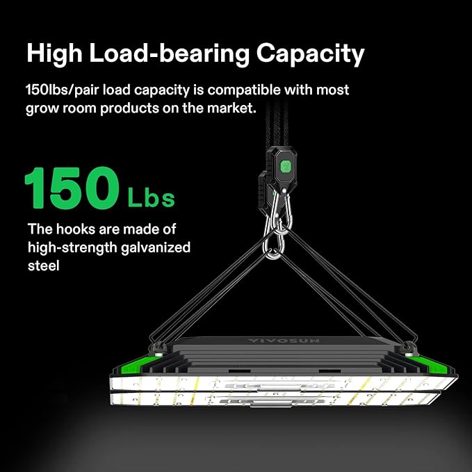 VIVOSUN 1-Pair 1/8 Inch Adjustable Grow Light Hanger, Heavy Duty Rope Hanger with Reinforced Metal Gears, 8Ft. Long and 150 lbs Weight Capacity Rope for Grow Light, Inline Fan, Filters