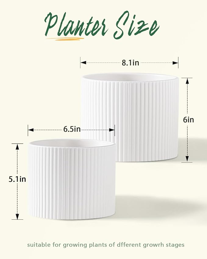 Ceramic Plant Pots, 8.1 + 6 Inch Planters for Indoor Plants, Modern Flower Pots for Plants with Drainage, Medium Cylinder Flower Pots for Indoor Plants, House Plants, Matte White