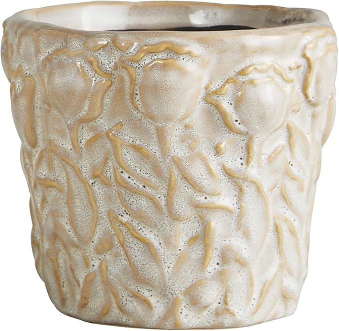 47th & Main Textured White Glazed Ceramic Planter Flower Pot for Succulents and Small Plants, Small, Floral Pattern