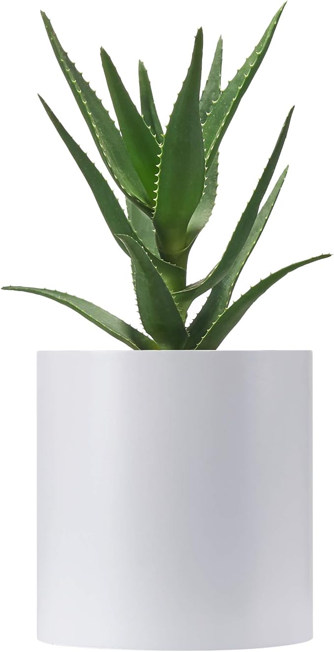 FaithLand 8 Inch Fiberstone Planter - Lightweight Modern Cylinder Plant Pot with Drainage Hole & Plug, Indoor Outdoor Use, Matte White
