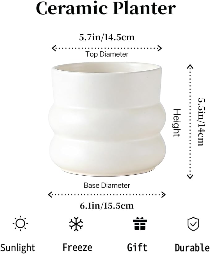 6 Inch Plant Pot,Ceramic Planter Pot with Drainage Hole,Indoor Planters for Herbs Plants,Ceramic Flower Pots for Indoor/Outdoor Plants,Home Office Garden Décor,Cream White