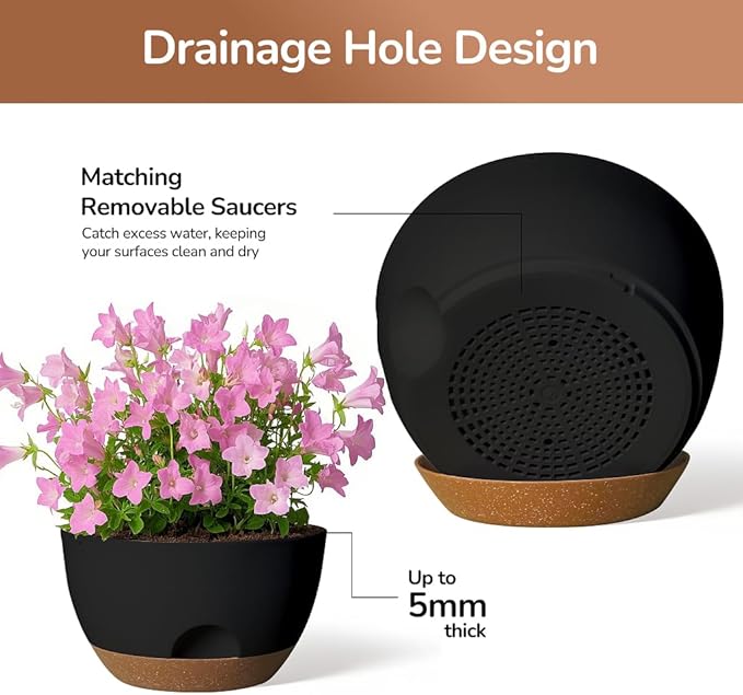 12 Inch Large Self Watering Pots, 2 Pack Plant Pots with Drainage Holes and Saucers, Self Watering Planter for Indoor Outdoor Garden Plants and Flowers (Black)