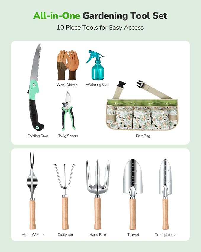 Grenebo All-in-One Garden Tool Set with Tools Organizer Belt Adjustable, 10-Piece Gardening Hand Tools, Long Lasting Rust-Proof Premium Garden Tool Kit, Gardening Gift for Women Men (Green)