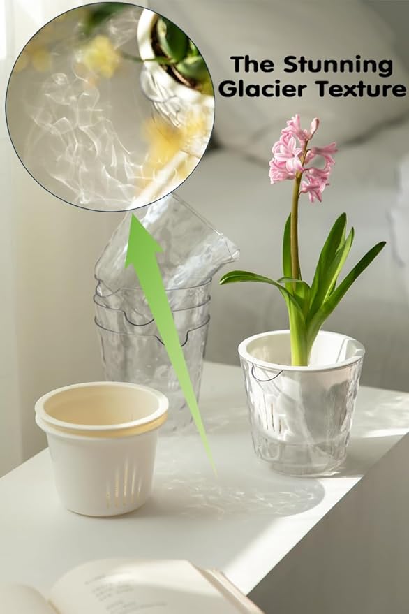 4 Inch Glacier-Textured Self Watering Garden Pots,4 Pack Clear Plastic Planters with Water Filling Spout,Flowerpot with Inner Pot for Indoor Plants,African Violets,Herbs,Succulents (White)