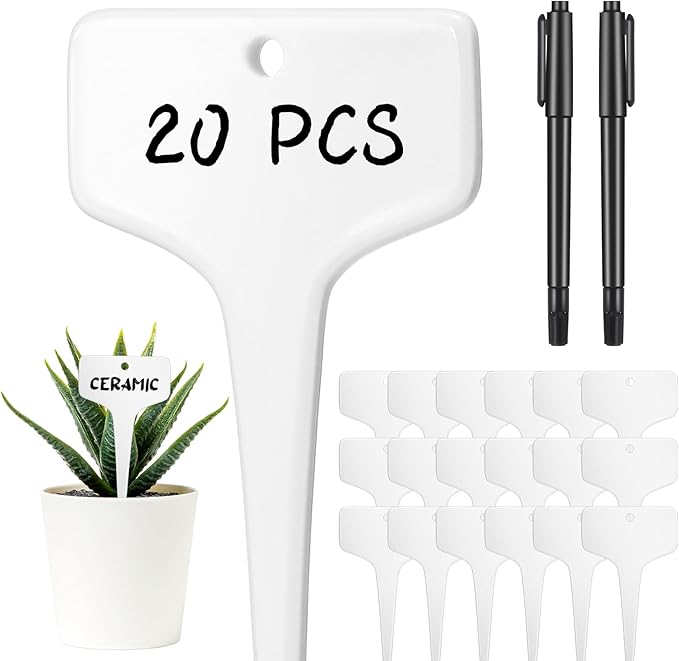 DoubleFill 20 Pcs Ceramic Plant Labels 3.9 x 2.4 Inch Plant T Type Tags Waterproof Nursery Garden Marker Signs with Marker Pen for Outdoor Garden Flower Herb Pot