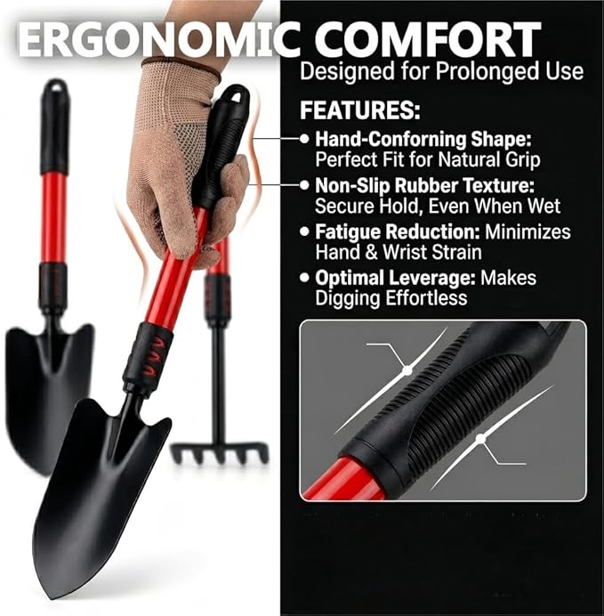 Garden Tools Set, 3 Gardening Tools Include Hand Trowel, Rake, Transplant Shovel, Lightweight Heavy Duty Garden Tool with Non Slip Handle for Yard Weed, Plant, Crack, Gardening Gift for Men & Women
