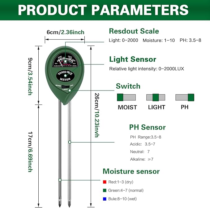 Soil Moisture Soil Tester PH Meter Plant Monitor Sensor for Gardening, Farming Lawn,Test Kit Tool, Digital Plant Probe for Indoor and Outdoor Plants No Batteries Required