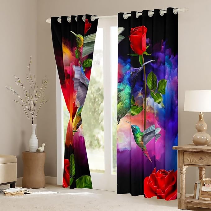 3D Hummingbird Curtains & Drapes,Wild Tropical Birds Jungle Animals Window Treatments,Red Rose Flowers Blackout Curtains,Rainbow Misty Galaxy Window Curtains Purple Blue Orange 2 Panels 38"Wx45"L