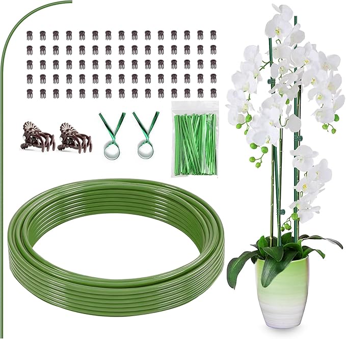 32ft Plant Support Stakes with 50 Pcs Plant Clips and 800 Ties, Plant Sticks for Indoor and Outdoor Plants, Orchid Clips and Stakes, Tall Bendable & Cuttable Single Stem Flower Stakes (Green, 32Ft)