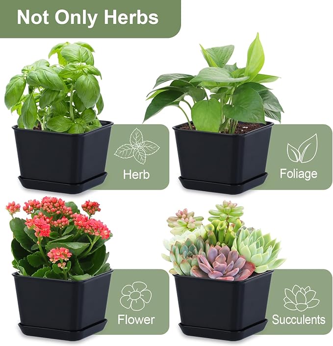 Oliz Herb Garden Planter Indoor Kit Pots for Indoor/Outdoor Plants 4 Packs Windowsill Plant Pots with Drainage and Tray, Window Pot for Indoor Plants (Black)