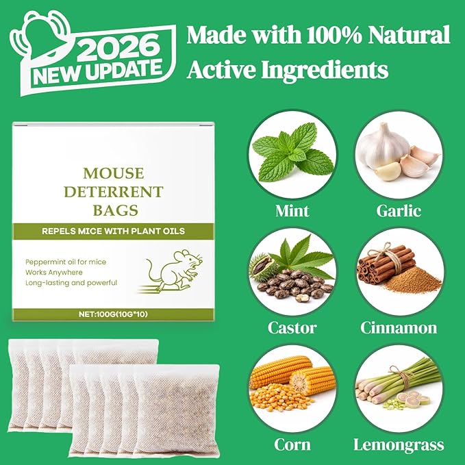 Pest Repellent Pouches, 10 Pack Peppermint Oil Mouse Repellent for Mice, Rats, Rodents, Spiders & Squirrels, Natural Indoor & Outdoor Pest Control, Family & Pet Safe (0.23, Pounds)