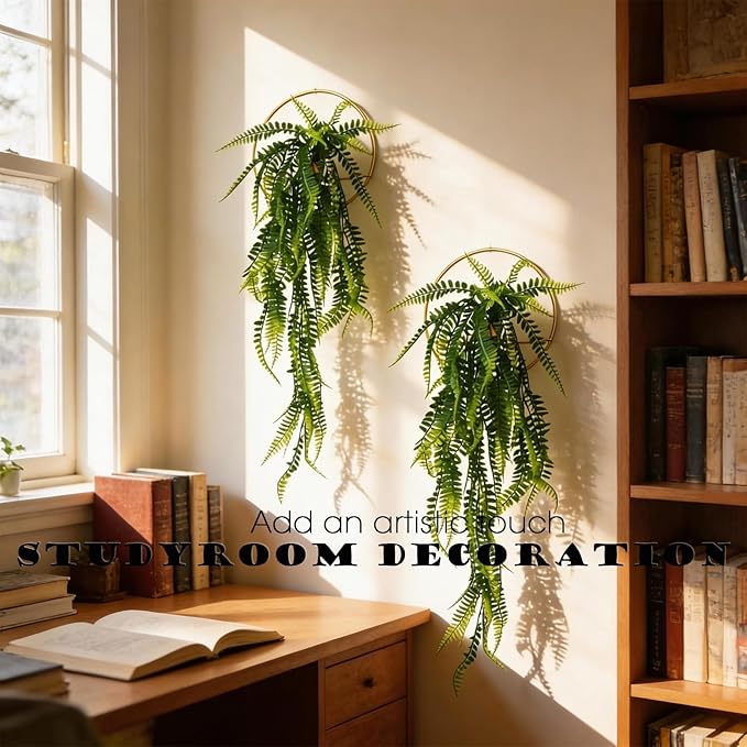 GREENTIME 2 Pack Artificial Boston Fern 28" Fake Hanging Plants with 8" Round Metal Hanging Planter for Indoor Wall Decor Living Room Boho UV Resistant No Maintenance Office Decoration Outdoor