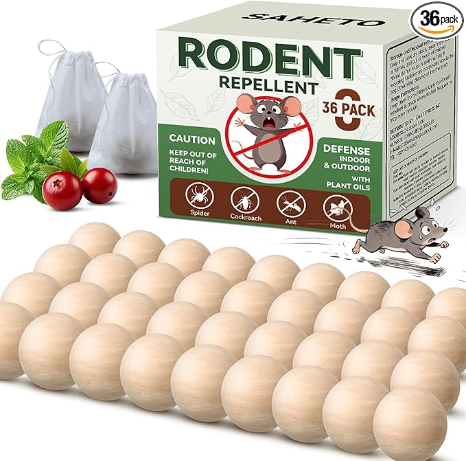 Rodent Repellent 36 Balls, Peppermint Oil Mouse Repellent Indoor & Outdoor Use, Natural Moth Balls for Rodent Mice Repellent for Home, Garage, Car, RV & Garden