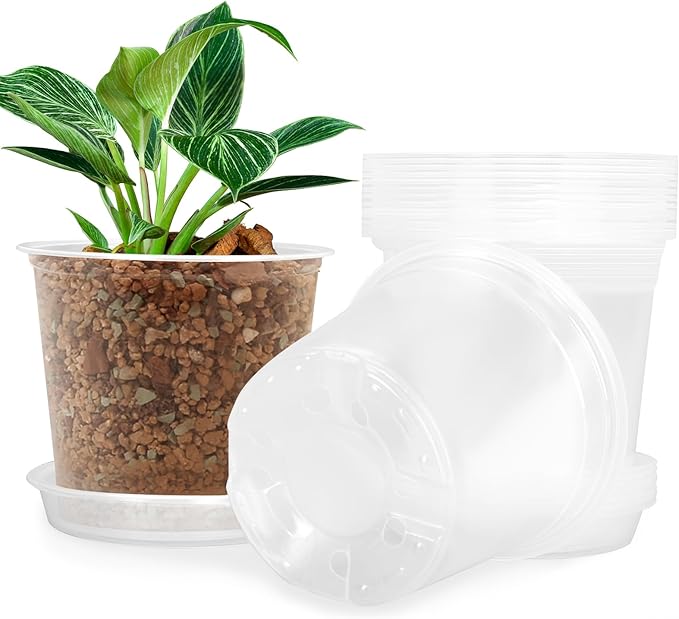 FUIJOL 6 Inch Clear Nursery Pots for Plants with Sacuers 15 Pack, Plastic Flower Pots with Drainage Holes, Variety Pack Seedlings Garden Pot for Indoor Outdoor (6 inch)