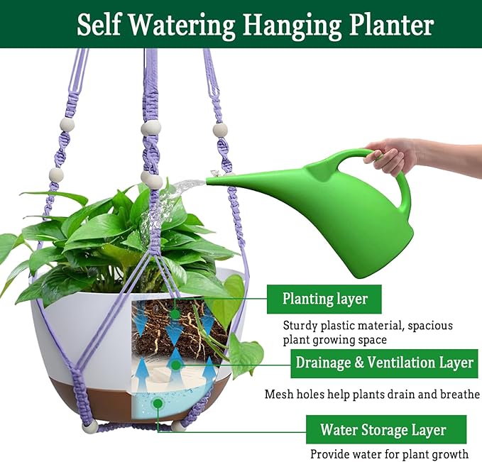 Koalaime 2 Pack Hanging Planters Set,10 Inch Indoor Outdoor Hanging Plant Pot Basket,Hanging Flower Pot with Drainage Hole with 3 Hooks for Garden Home(Purple Hanger White Planters)