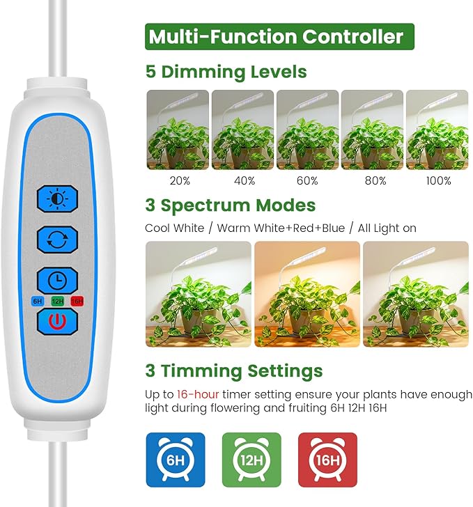 Wolezek Grow Lights for Indoor Plants, 52 LEDs Full Spectrum Plant Grow Light with Base, Height Adjustable Grow Lamp with Auto Timer 6/12/16H, 5 Dimmable Brightness, for Small Plants, White, 1-Pack