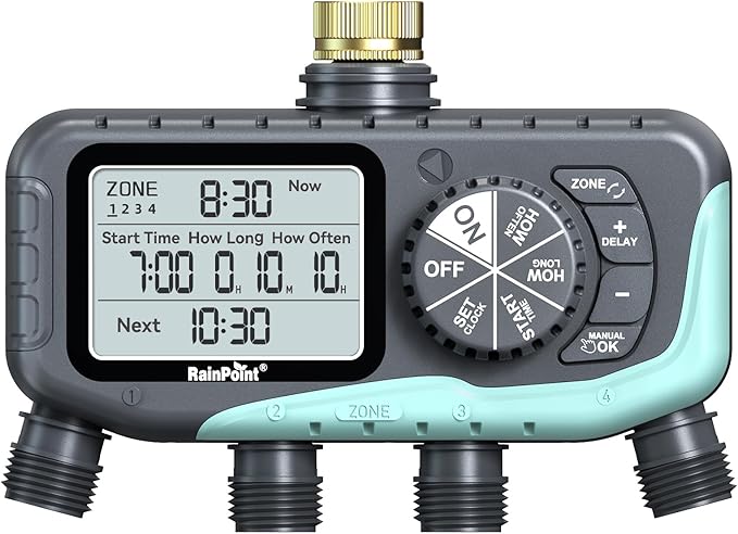 RAINPOINT Sprinkler Timer 4 Zone, Water Timer for Garden Hose, for Soaker Hose with Rain Delay/Manual/Automatic Watering System, Digital Irrigation for Yard, Lawn Brass Inlet