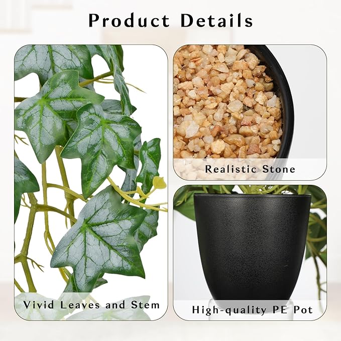 GnFlus Realistic Fake Pothos Ivy Plant with Pot Artificial Leaves Featuring a White Frosted Finish for Home Shelf Decor Indoor Silk Artificial Plant Large