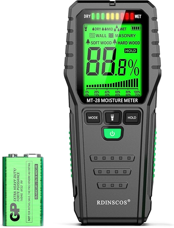 RDINSCOS Pinless Moisture Meter for Wall, Wood & Masonry – Non-Invasive Digital Moisture Detector with 19mm Depth, Flashlight, LCD Display – Ideal for Leak Detection & Water Damage