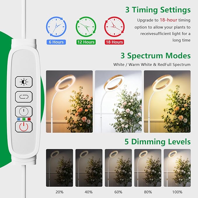 One Head Grow Light for Indoor Plants Full Spectrum - Floor Standing Plant Lamp with Auto Timer 6/12/18H, 5-Level Dimmable & Adjustable Height 16.5-68in for Large Tall Plants |Faux Wood Design