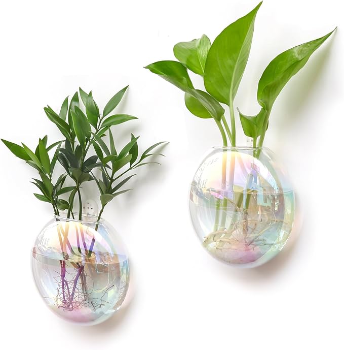 Kingbuy Wall Hanging Glass Planters Propagation Station - 4 Pack Iridescent Oblate Globe Flower Vases for Air Plants, Glass Terrariums with Floating Holders, Boho Indoor Hydroponic Home Office Decor