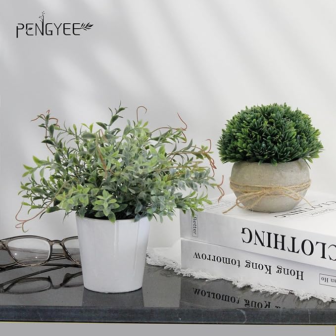 4 Pack Small Fake Plants in White Pulp Pot for Home Decor, Artificial Plants Indoor, Small Faux Plants Indoor for Bathroom Bedroom Kitchen Office Farmhouse Room Shelf Decor