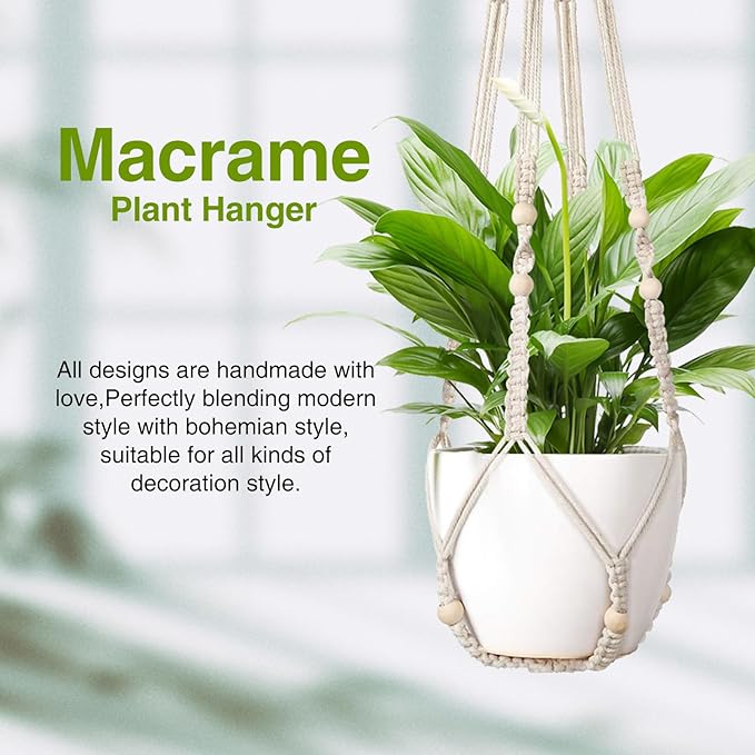 LEWESU Macrame Plant Hanger Indoor Set of 4 with 8 Hooks, Indoor Outdoor Hanging Planter for Plants Holder with Decorative Wood Beads & No Tassels, Boho Home Decor, 35 Inch Ivory (Pots Not Included)
