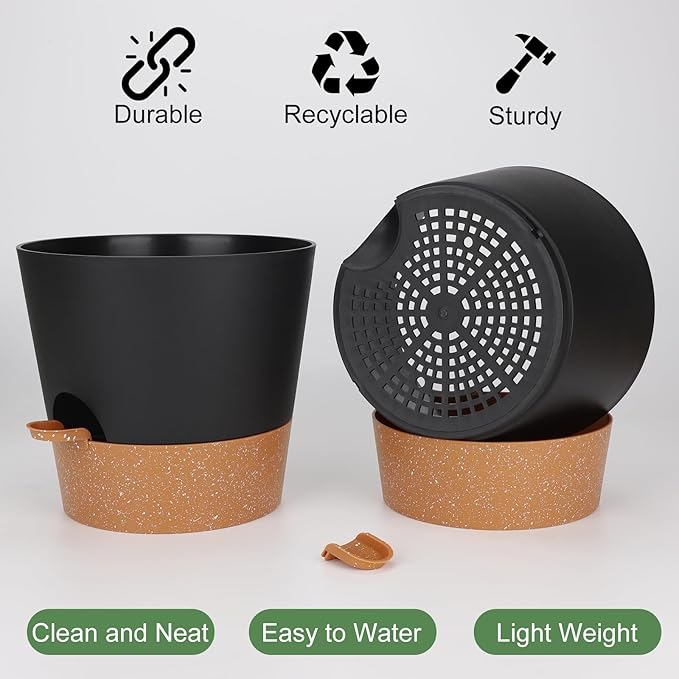 YNNICO 10-Inch Plant Pots, Self-Watering Planters with Drainage Holes & Saucers for Indoor and Outdoor Plants (2-Pack, Black)