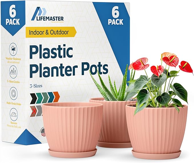 Pink 6-Inch Plant Pots with Drainage & Saucers 6 Pack, Indoor & Outdoor Planters for Houseplants, Herbs, and Flowers, Durable & Weatherproof Material, Stackable, Lightweight, Minimalist Design