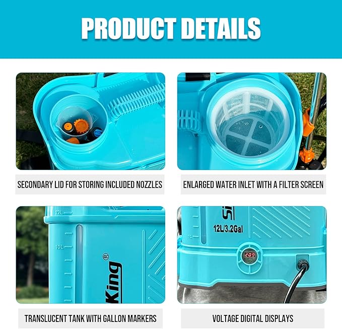 SideKing Battery Powered Backpack Sprayer 3.2 Gallon, 0-80 PSI Adjustable Pressure Sprayer Compatible with Makita 18V Battery, Electric Sprayer with Wand, 5 Nozzles, 2.0Ah Battery&Charger Included