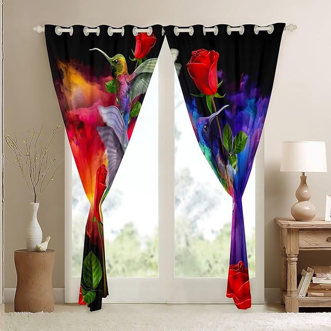 3D Hummingbird Curtains & Drapes,Wild Tropical Birds Jungle Animals Window Treatments 2 Panels 42"Wx63"L,Romantic Red Rose Blackout Curtains,Watercolor Misty Galaxy Window Curtains Purple Blue Orange