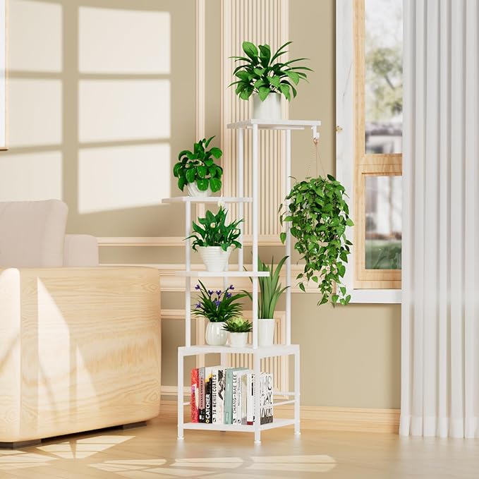 Homsorout Plant Stand Indoor with Grow Light, 5-Tiered Tall Plant Stand Indoor, Metal Plant Shelf with Hanging Basket Hook and Adjustable Light, Ideal for Living Room, Garden, Patio white