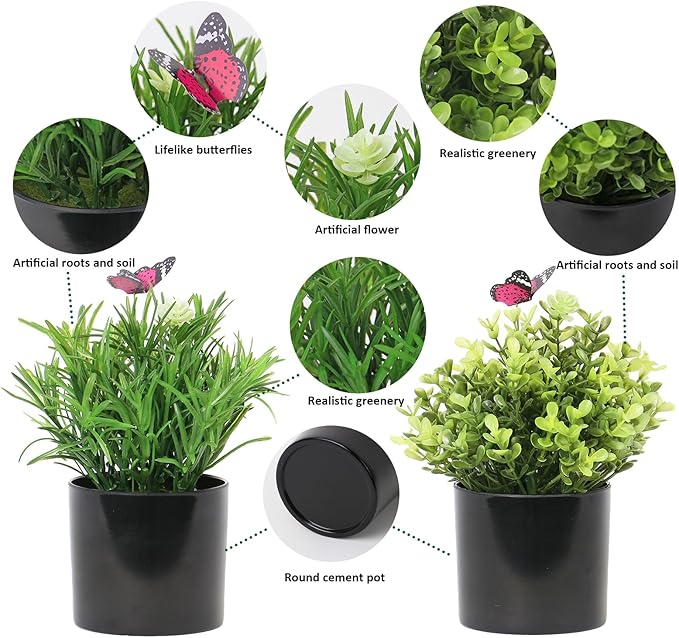 7" H Fake Plants Indoor 2 Pack Small Artificial Plants,Topiary Greenery Mini Potted Plants for House Office Tabletop Decoration