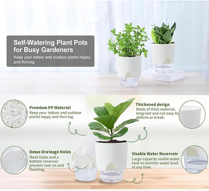Self-Watering Planters, Plant Waterer for Indoor Outdoor Use Self Watering Plant Pot for Herbs Flowers Succulents, 2 Pcs (White, Large)