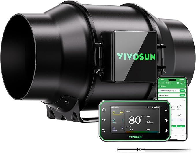 VIVOSUN G6 6" Inline Duct Fan & Temperature Humidity Controller, E42A+ WiFi-App Control AeroZesh Grow Tent Fan& Smart Thermostat, 388 CFM EC Motor Exhaust Fan for Heating Cooling, Greenhouse Accessory