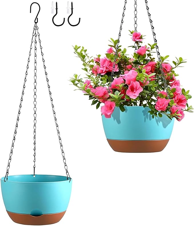Set of 2 Hanging Planters for Indoor Outdoor Plants, 10 Inch Self-Watering Hanging Flower Pots with Drainage Hole & Removable Water-Storage Tray (Hooks)