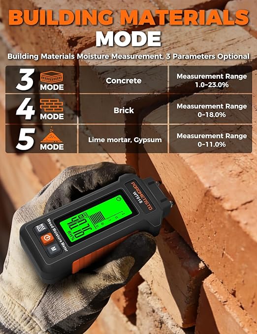 5 in 1 Moisture Meter, POROMETISTO 5 Modes Wood Moisture Meter with Three-Color Backlight, Data Hold & Max Measurement, Ideal for Wood (Oak/Pine/Walnut) and Building Materials