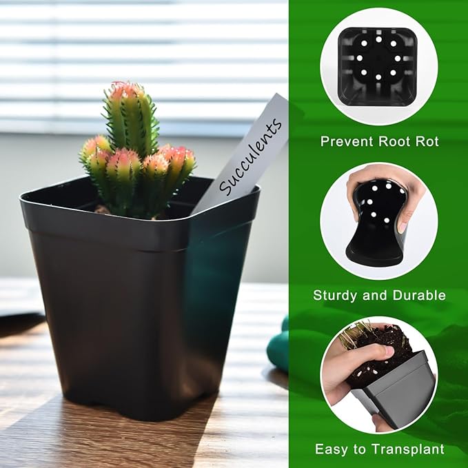 June Fox 4 Inch Nursery Pots for Plants, 5 Pcs Seed Starter Tray Kit, 60 Pcs Plastic Seedling Pots with Drain Holes, 60 Plant Labels (Black)