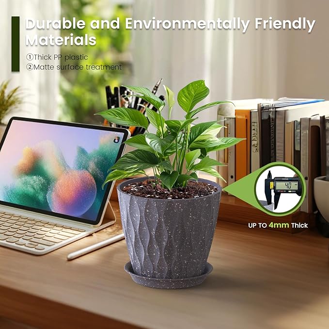 Meowell 7 inch Plant Pots for Indoor Outdoor Plants, 5 Pack Thick Flower Pots with Drainage Holes and Saucers, 3D Modern Wave Texture Plastic Planter Nursery Pots, Speckled Grey
