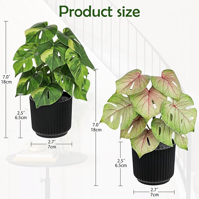 Oairse Small Artificial Monstera Potted Plant - 2 Pcs Faux Monstera Plants Mini Fake Greenery Deliciosa Plant Potted Fake Tropical Plants in Pot for Home Office Table Room Farmhouse Indoor Decoration