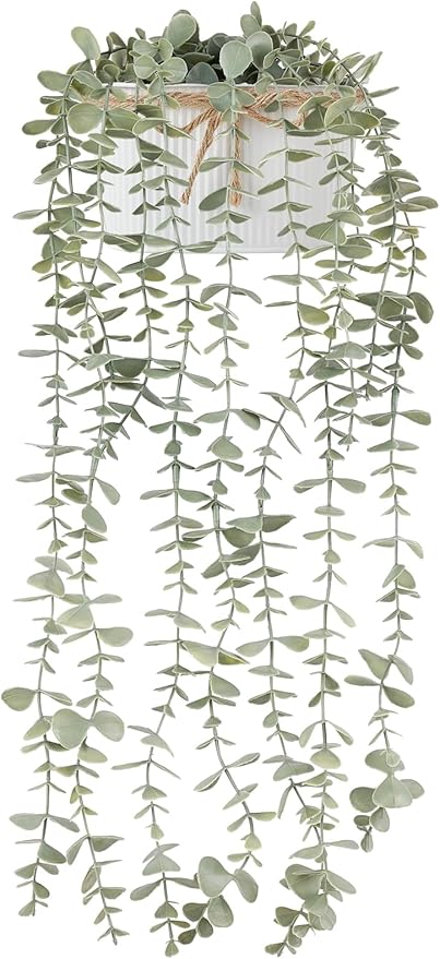 Mkono Fake Hanging Plants in Farmhouse Galvanized Pots Rustic Faux Potted Eucalyptus Greenery Indoor Artificial Plants for Book Shelf Mantel Living Room Bathroom Bedroom Home Office Decor (1, White)