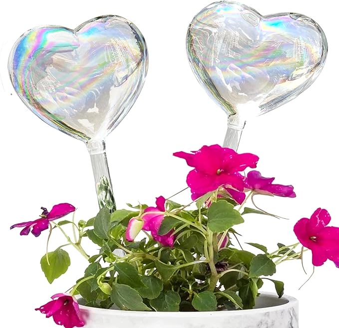 Kingbuy Self Watering Spikes Plant Watering Globes Iridescent Color Heart Shaped Glass Water Bulbs Devices for Plants, 2 Pack
