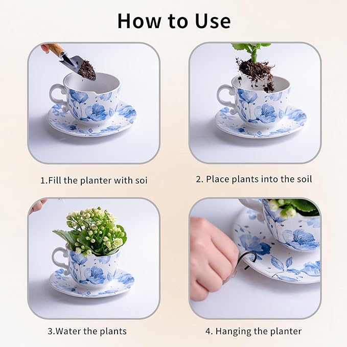 TEATALK Hanging Planters for Indoor Plants, Ceramic Pots with Drainage Hole, 6.3 Inch Hanging Planter with Chain, Outdoor Hanging Baskets for Plants, Blue Flowers, Cup Shape