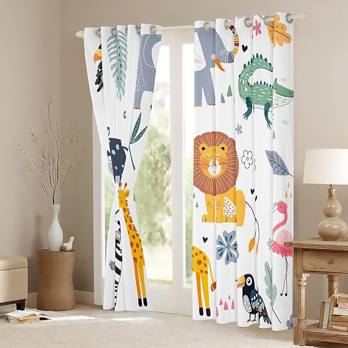 Feelyou Kids Zoo Animal Window Curtains Cute Wild Animals Curtains for Bedroom Cartoon Safari Wild Window Drapes for Boys Girls Teens Exotic Natural Theme Window Treatments, 42x84 Inches,2 Panels