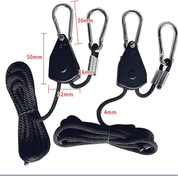 Grow Light Rope Hanger 3Pairs，1/8" 8-Feet Long Heavy Duty Adjustable Rope Clip Hanger, Adjustable Rope Ratchet Hangers 150 Lbs per Pair with Stainless Steel 2.5" S Hook