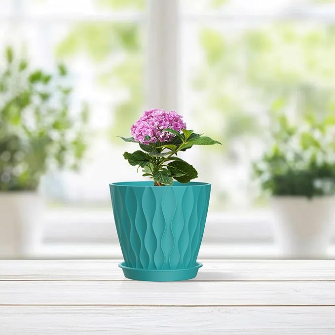 Meowell 4 inch Small Plastic Nursery Pots, 5 Pack Water Ripples Flower Pots for Indoor Plants, Plant Pots with Drainage Holes and Saucers, Seedling Starter Planters for House Plants, Blue Green