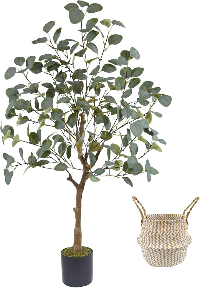 Warmplants Artificial Eucalyptus Tree, 4ft Tall Green Silk Leaves Perfect Faux Plant with Basket, Mordern Fake Eucalyptus Trees for Indoor Outdoor Home Office Livingroom Floor Décor