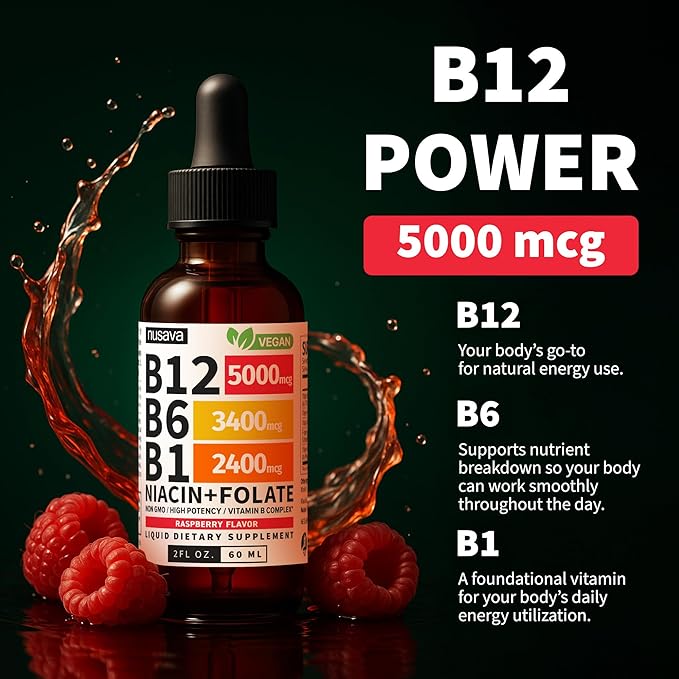 (4 Pack) Vitamin B12 and B6 Liquid Drops, B12 Sublingual Vitamin B Complex - B 12 Vitamin 5000mcg - B12 Methylcobalamin for Energy, Brain, and Heart Support with 27,200 mcg, Raspberry, 80 Servings