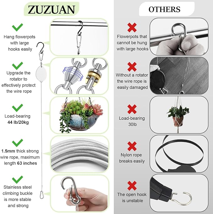 2026New 3Pcs Retractable Plant Hanger with Leaf Texture,44Lbs Load Capacity,Auto Lock,Adjustable Hook for Hanging Plants,Bird Feed,Wind Chimes,Garden Pots,Rust-Proof Stainless Steel,White