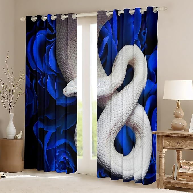 3D White Snake Blackout Curtains,Jungle Animal Curtains & Drapes,Blue Rose Flower Window Treatments 2 Panels 42"Wx63"L,S-Shaped Reptile Little Dragon Skin Window Curtains Wildlife Exotic Decor